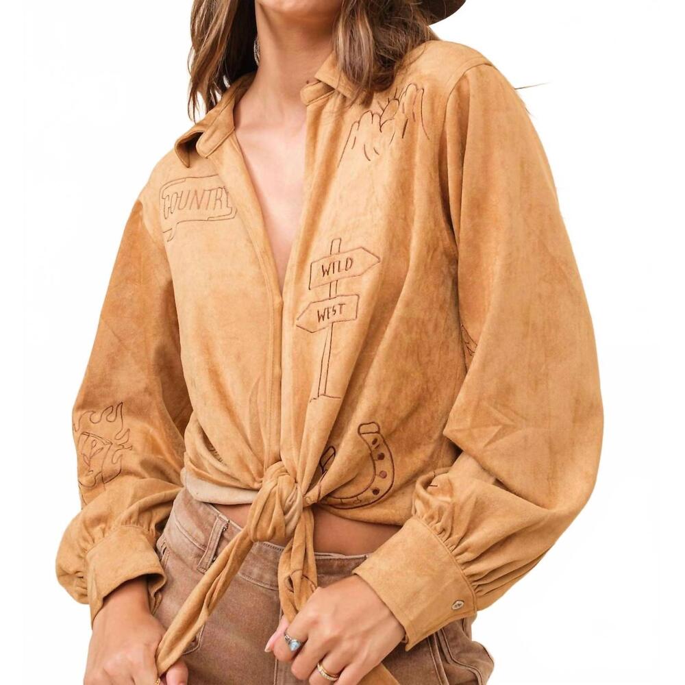 NEW BLUE B western suede tie blouse in camel
